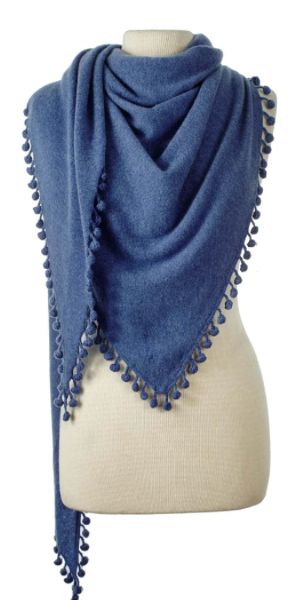 Cashmere Pom Pom Triangle Wrap in Blue Jay