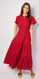 Red Eyelet Cinched Waist Midi Dress