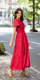 Red Eyelet Cinched Waist Midi Dress