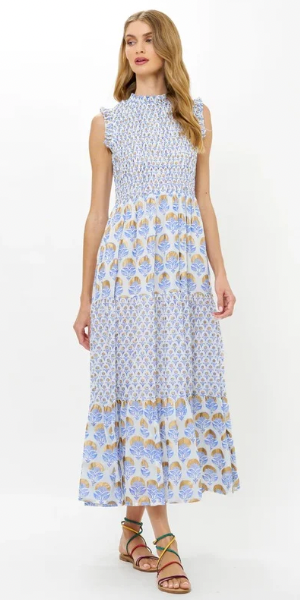 Sleeveless Smocked Maxi in Arbor Blue Blue Beetle Sleeveless Smocked Maxi in Arbor Blue Blue Beetle