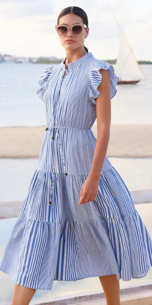 Cinched Flirty Midi Dress in Henley Midi Blue