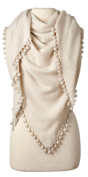 Cashmere Pom Pom Triangle Wrap in Shortbread