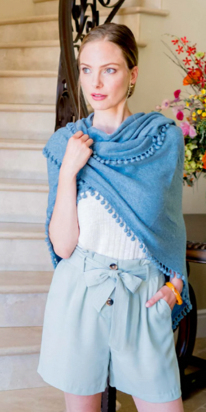 Cashmere Pom Pom Triangle Wrap in Stonewash
