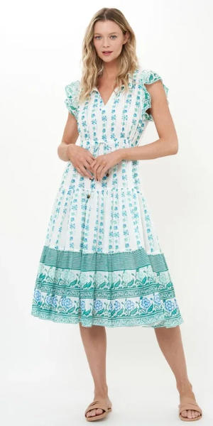 Cinched Flirty Midi Dress in Boreggo Green