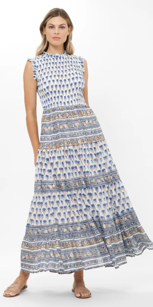 Sleeveless Smocked Maxi in Lotus Navy