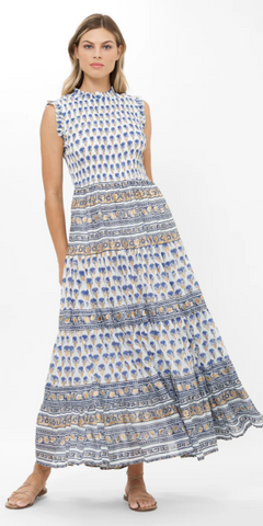 Sleeveless Smocked Maxi in Lotus Navy