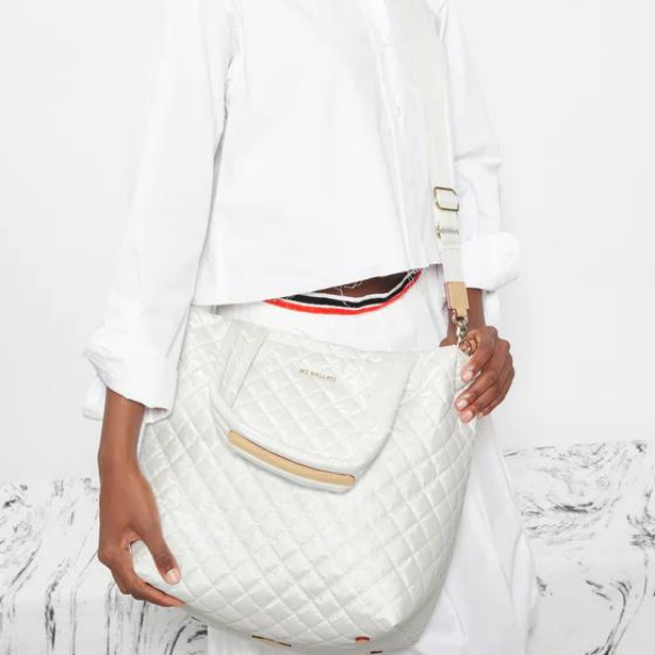 MZ Wallace Medium Metro Deluxe Tote in Pearl Metallic – Blue Beetle MZ Wallace Medium Metro Deluxe Tote in Pearl Metallic – Blue Beetle