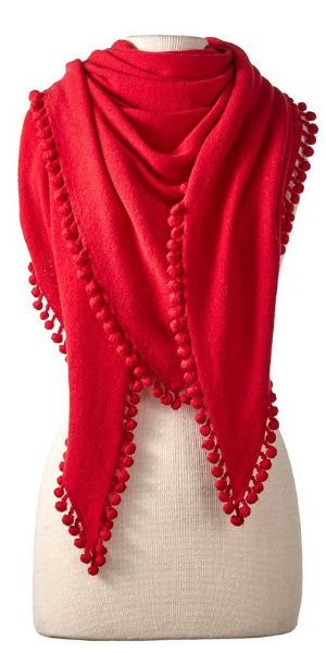 Cashmere Pom Pom Triangle Wrap in Cardinal