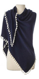 Cashmere Contrast Pom Pom Triangle Wrap in Midnight/Ivory