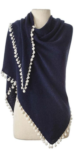 Cashmere Contrast Pom Pom Triangle Wrap in Midnight/Ivory