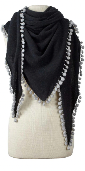 Cashmere Contrast Pom Pom Triangle Wrap in Black/Birch Grey