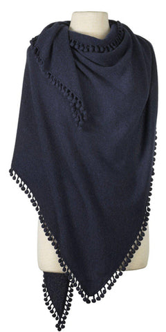 Cashmere Pom Pom Triangle Wrap in Midnight