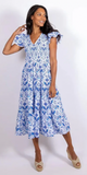 Flutter Sleeve Smocked Midi Dress in Batik Blue