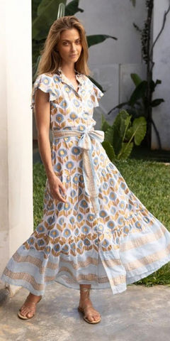 Ruffle Collar Button Maxi Dress in Touraine Blue