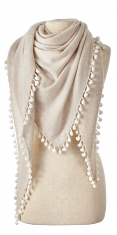 Cashmere Contrast Pom Pom Triangle Wrap in Shortbread / Ivory