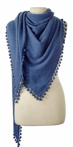 Cashmere Pom Pom Triangle Wrap in Blue Jay