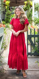 Red Eyelet Cinched Waist Midi Dress