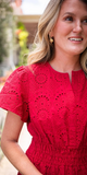Red Eyelet Cinched Waist Midi Dress