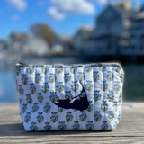 Nantucket Block Print Quilted Make Up Bag in Aqua