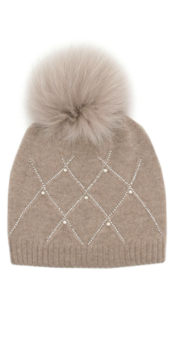 Diamond Weave Hat with Crystals & Pearls in Beige