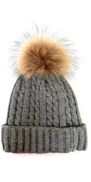 Classic Cable Hat with Pom in Grey