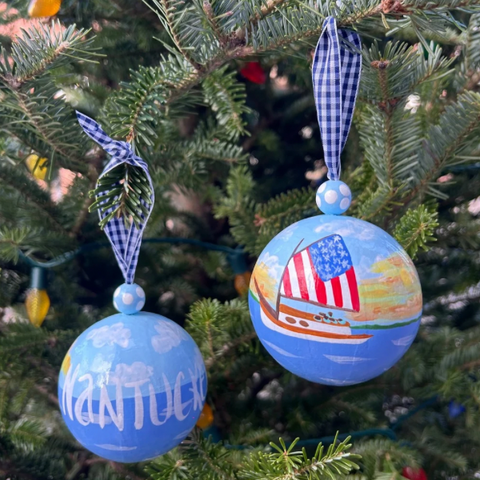 Cat Boat with American Flag Sail Ornament