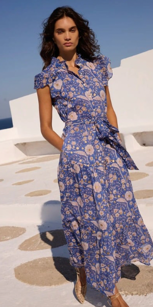 Ruffle Collar Button Maxi Dress in Carolina Cobalt