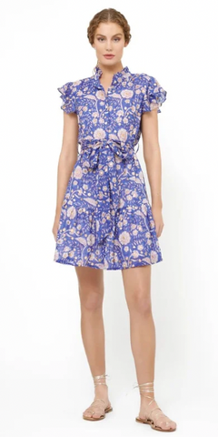 Ruffle Collar Button Mini Dress in Carolina Cobalt