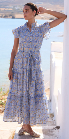 Ruffle Collar Button Maxi Dress in Florence Blue