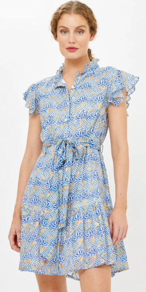 Ruffle Collar Button Mini Dress in Florence Blue