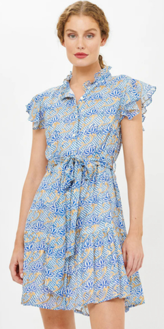 Ruffle Collar Button Mini Dress in Florence Blue