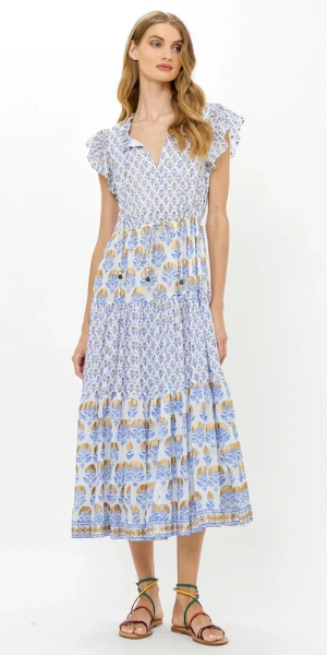 Cinched Flirty Midi Dress in Arbor Blue