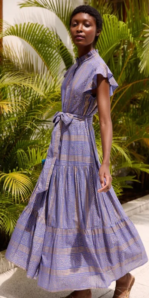 Ruffle Collar Button Maxi in Helene Blue