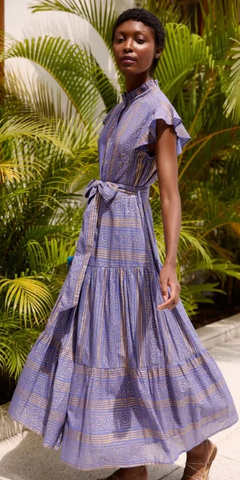 Ruffle Collar Button Maxi in Helene Blue