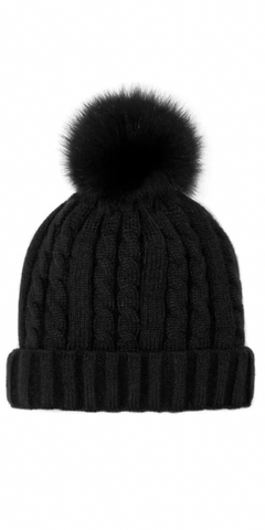 Classic Cable Hat with Pom in Black