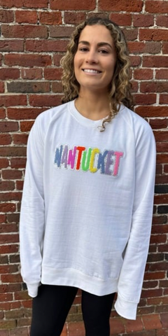 Nantucket Chenille Multi Color Applique Sweatshirt in White