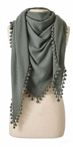 Cashmere Pom Pom Triangle Wrap in Moss