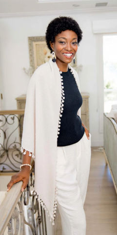Cashmere Pom Pom Triangle Wrap in Dune