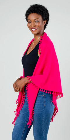 Cashmere Pom Pom Triangle Wrap in Raspberry