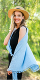 Cashmere Pom Pom Triangle Wrap in Sky Blue