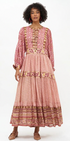 Tie Front Balloon Sleeve Maxi in Buta Rose