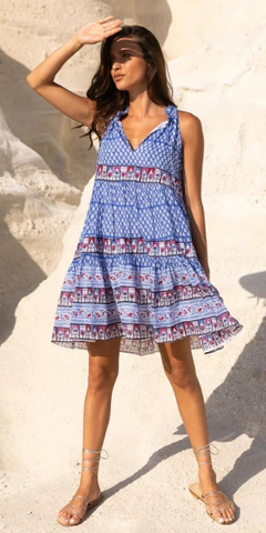 Sleeveless Tiered Short Dress in Campania Blue