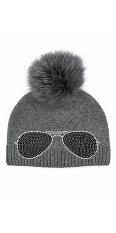 Aviator Knit Hat with Fox Pom in Grey