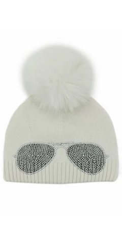 Aviator Knit Hat with Fox Pom in White