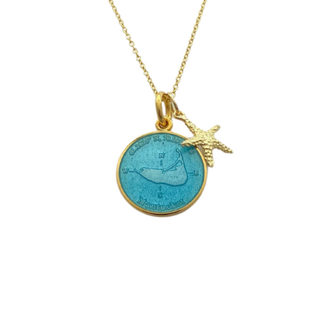 Small Colby Davis Gold Nantucket Island Necklace in Light blue