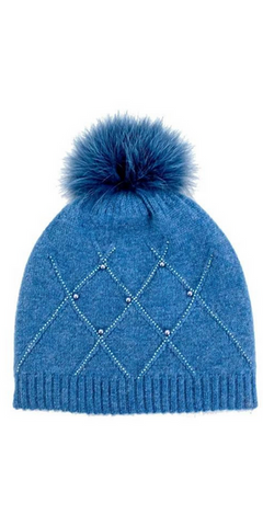 Diamond Weave Hat with Crystals & Pearls in Demin