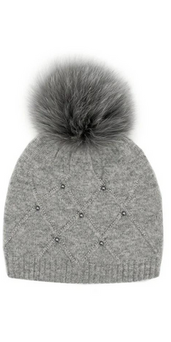 Diamond Weave Hat with Crystals & Pearls in Grey