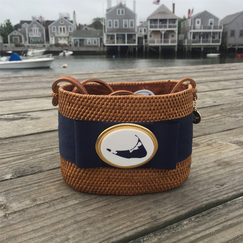 Nantucket Short Oval Basket with Navy Ribbon