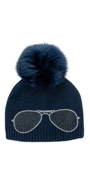 Aviator Knit Hat with Fox Pom in Navy