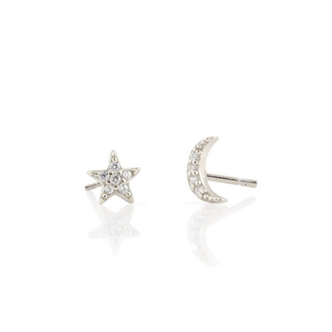Star/Moon Pave Studs in Silver